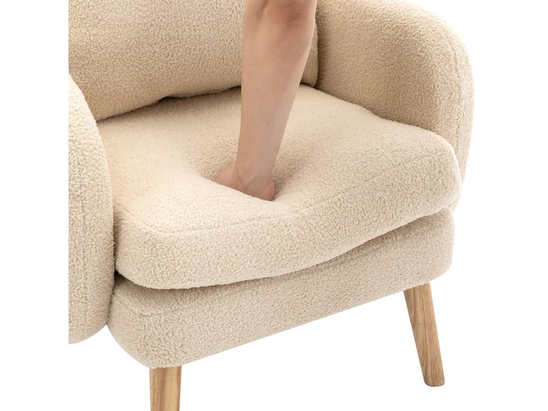  Fauteuil salon moderne en velours teddy beige, coussin amovible, structure bois massif, assise confortable pour intérieur  - Conforama R