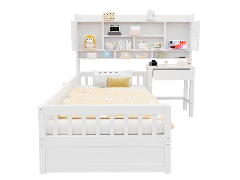  Lit multifonction en bois pour enfant 90 x 200 cm – avec étagères - bureau+1 tiroir - éclairage led +prise électrique – blanc (matelas non inclus)  - Conforama A