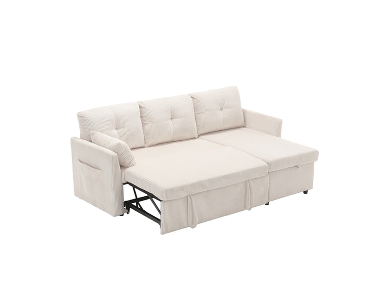  Canapé d'angle réversible convertible 3 places modulaire avec rangement et poches latérales en velours côtelé beige  - Conforama A
