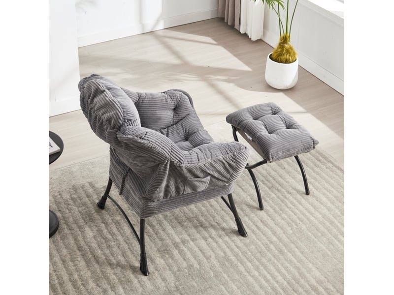  Fauteuil relax avec repose-pieds - 70x64x95cm - chaise lounge rembourrée avec poche latérale et pieds acier - gris  - Conforama D