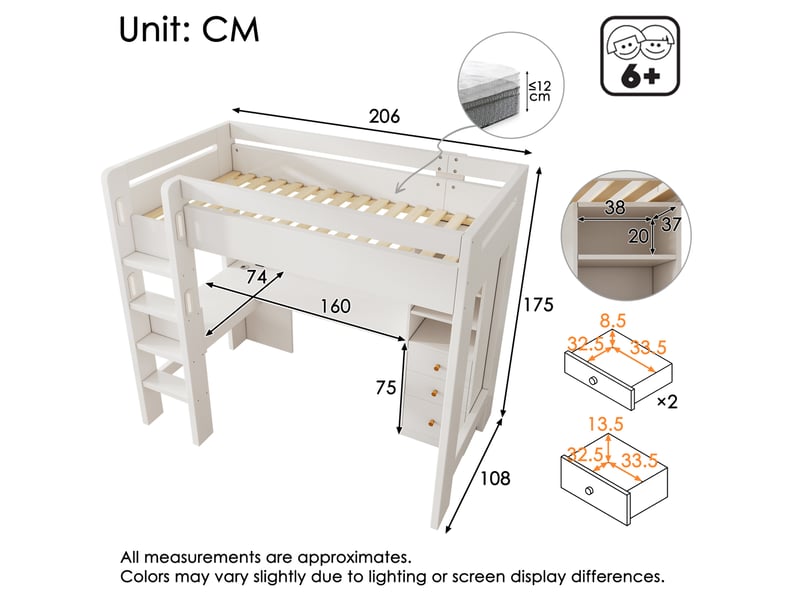 Lit mezzanine enfant 90x200 cm – blanc – bureau en l, rangements et ports usbtype-c pratiques - Conforama C