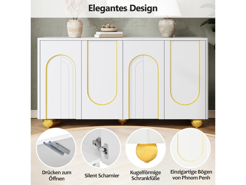  Buffet 4 portes avec rangement et fermeture amortie - lpospi - pieds métal ronds, mdf et panneaux de particules blanc 140 × 40 × 74 cm  - Conforama E