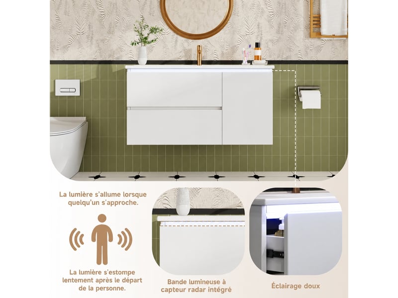 Meuble vasque suspendu blanc 91,5 cm avec 2 tiroirs, vasque en céramique et éclairage led - Conforama D