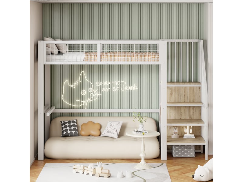 Lit mezzanine enfant 90x200 cm – blanc – échelle, étagères et penderie intégrée – sans matelas - Conforama B