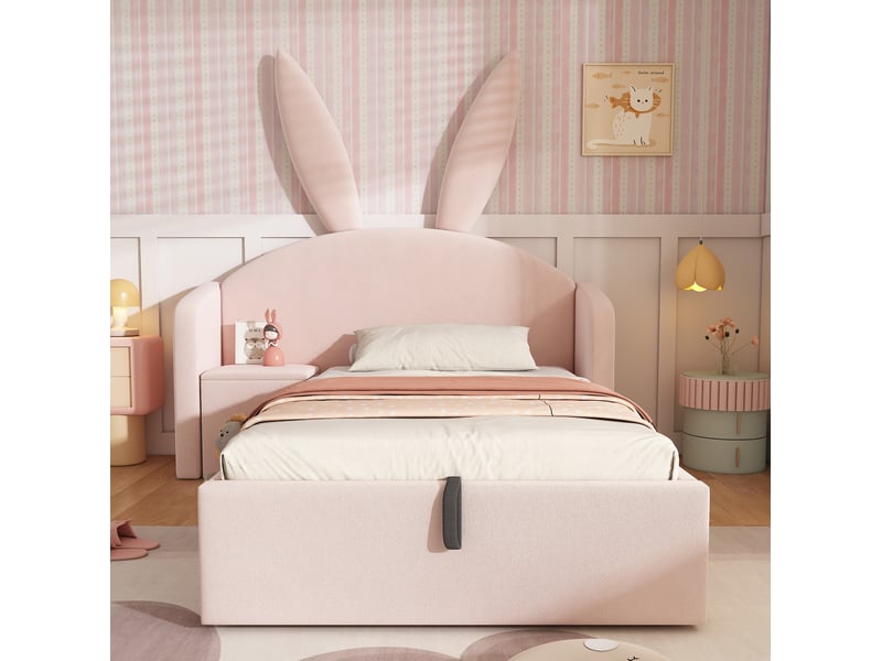  Modenvie lit enfant coffre 90x190 cm - avec rangement intégré, table de chevet réversible, sans matelas - rose  - Conforama E