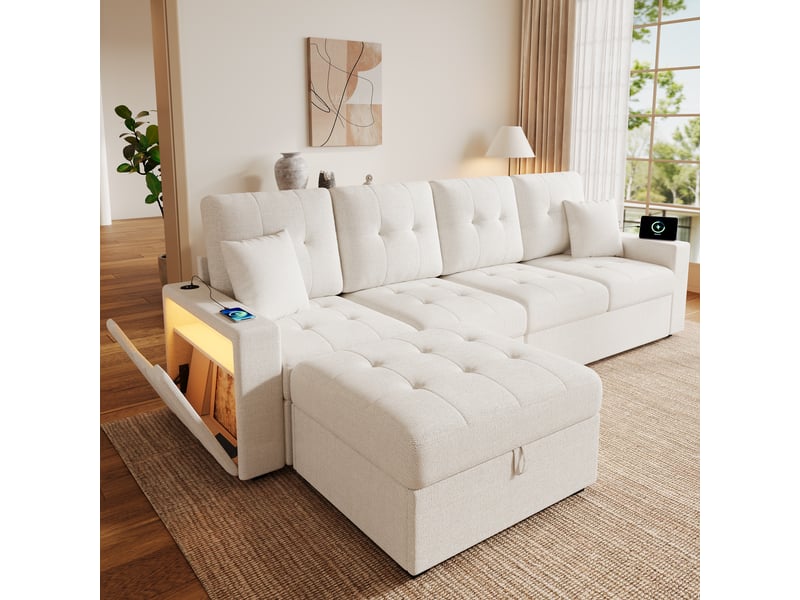 Canapé d'angle modulable en l 4 places 253 cm avec pouf coffre mobile, rangements dans les accoudoirs, ports usb-c et led, tissu effet lin beige OPULERANE TRADING LTD - Conforama B