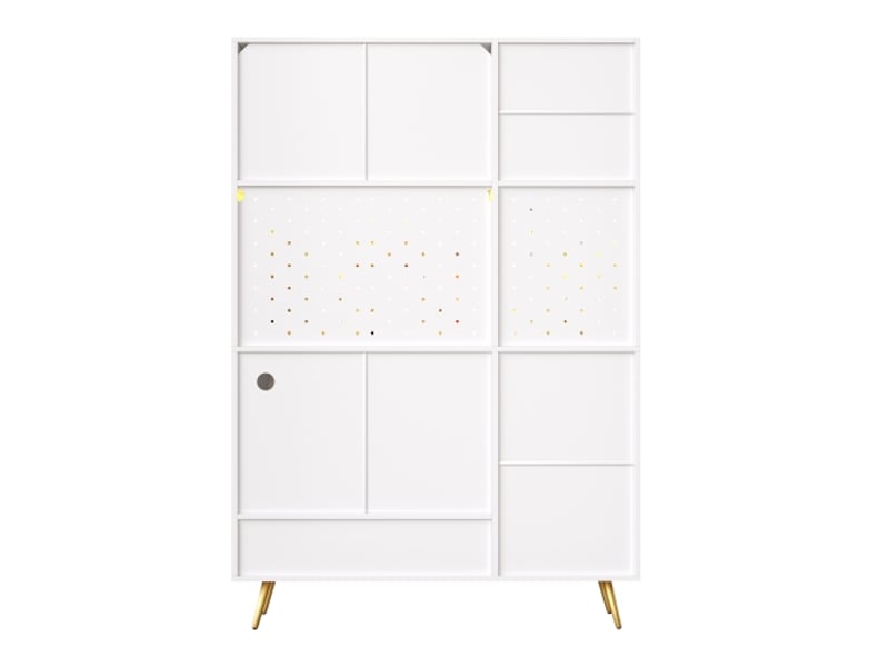  Buffet led moderne blanc avec armoire haute, cuisine et salon, rangement panneau perforé, tiroirs et verre, usb  - Conforama D