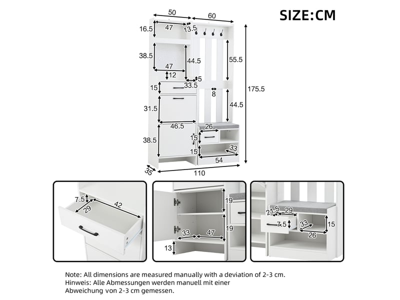  Meuble d'entrée vestiaire 110x35x175,5 cm, 7-en-1 avec banc à chaussures, porte-manteau, 2 tiroirs, aggloméré blanc  - Conforama C