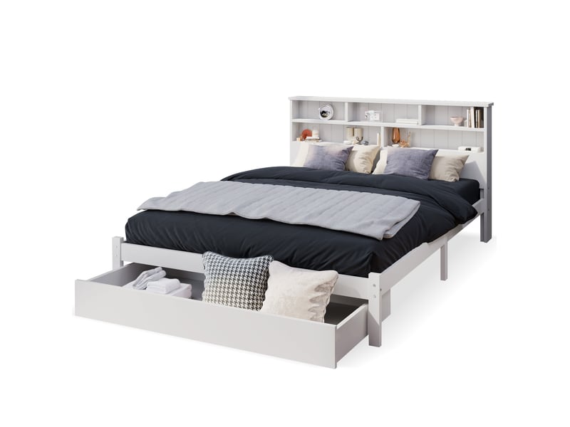 Lit double lit 140x200 cm avec 1 tiroir roulante et bibliothèque de rangement, lit adolescent et adulte, blanc - Conforama A