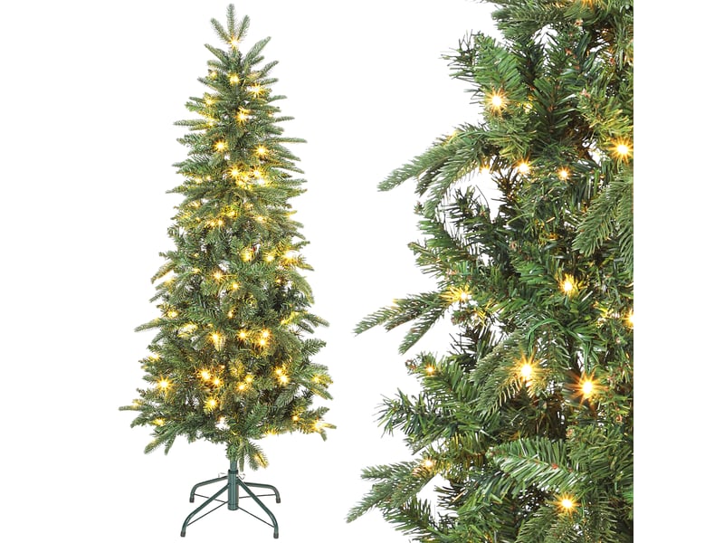  Sapin de noël artificiel 150 cm, arbre de noël slim avec 150 lumières 8 modes d'éclairage 431 branches articulées, vert  - Conforama A