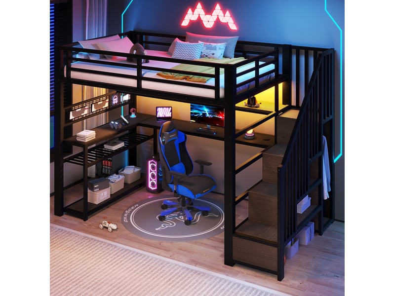  Lit mezzanine 90x200 cm avec bureau, armoire, rangements et led, noir  - Conforama C