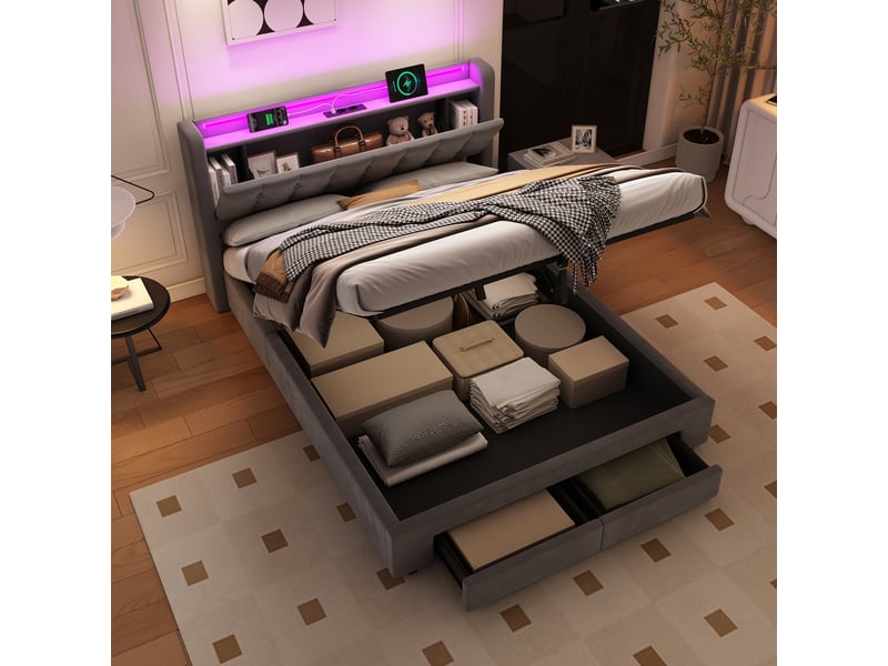  Lit rembourré ulevr 140 x 190 cm avec rangement, 2 tiroirs, port usb et éclairage led, velours gris foncé  - Conforama B