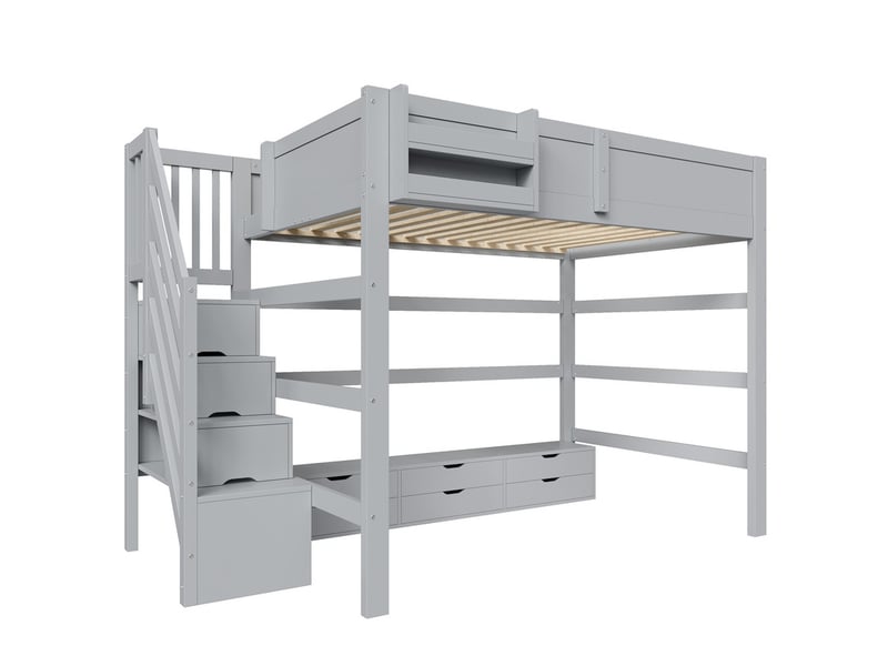  Lit mezzanine 140x200cm avec 6 tiroirs, grand espace de rangement sous le lit et escalier avec rangements intégrés, gris  - Conforama A