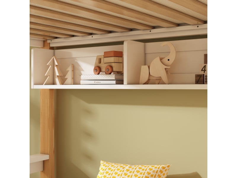  Lit mezzanine bois massif 90x200140x200, ardoise, escalier rangement tiroirs, armoire-échelle blanc naturel  - Conforama E
