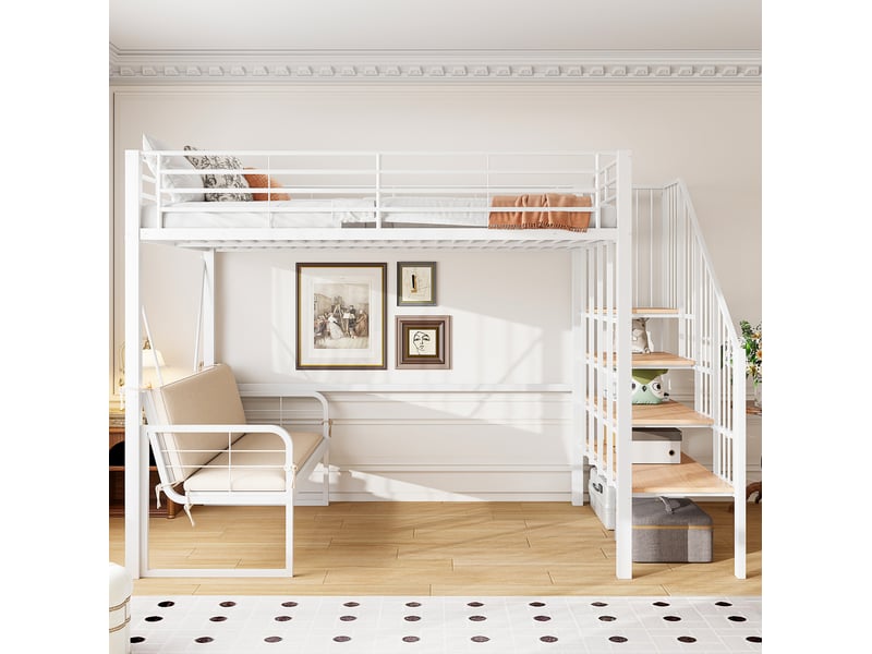 Lit superposé enfant 140x200 cm – blanc – escalier de rangement, canapé amovible et lavable, sans matelas - Conforama B