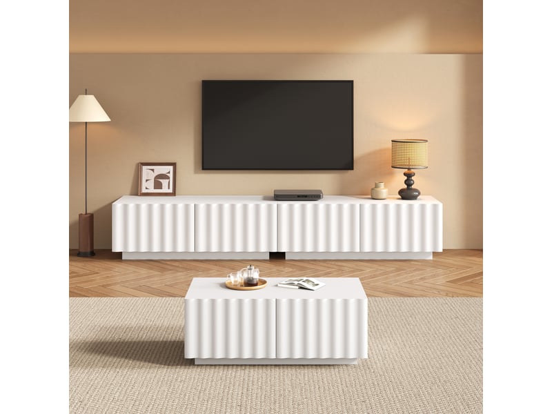 Ensemble salon avec meuble tv 200 x 40 x 35 cm et table basse 100 x 50 x 40 cm, façades effet vague, blanc Bliss Lite - Conforama E