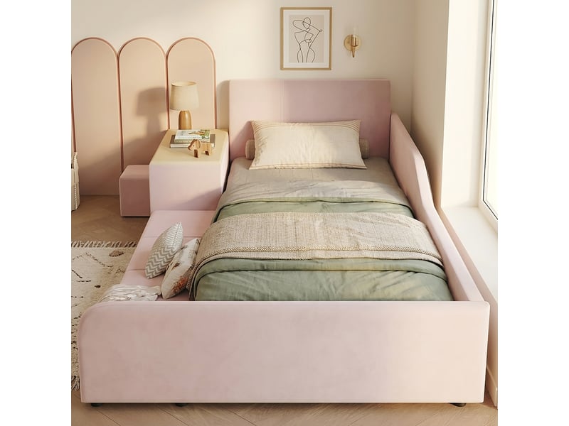  Lit simple 90x200 cm, lit enfant, sommier à lattes, bureau, étagères, tête de lit rembourrée, velours rose  - Conforama W