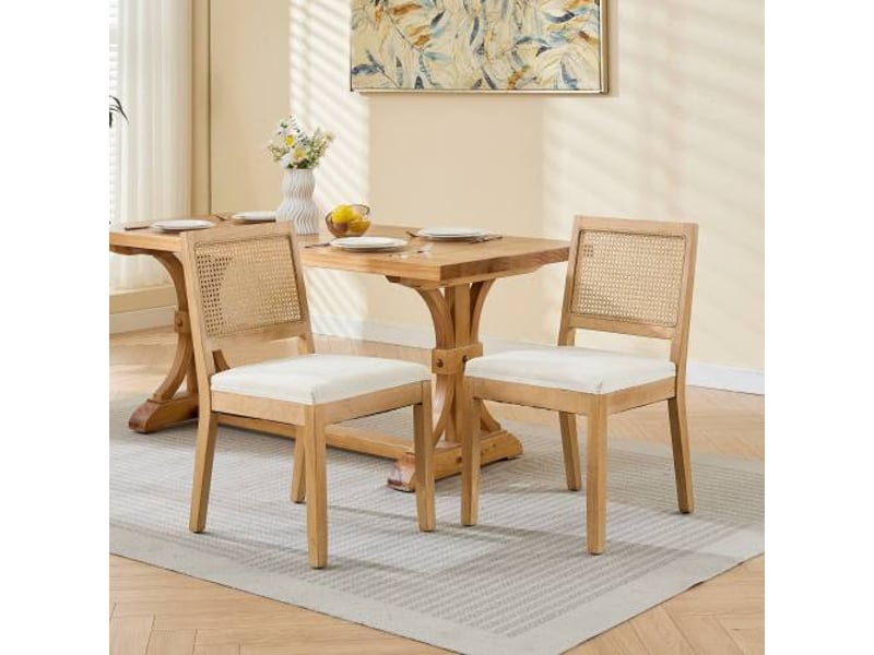  Ensemble 2 chaises rotin beige, dossier en cannage, cadre bois massif naturel, style mid-century modern  - Conforama B