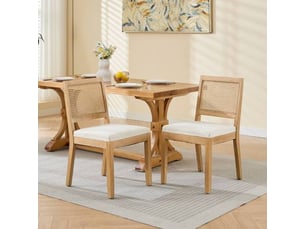 Ensemble 2 chaises rotin beige, dossier en cannage, cadre bois massif naturel, style mid-century modern