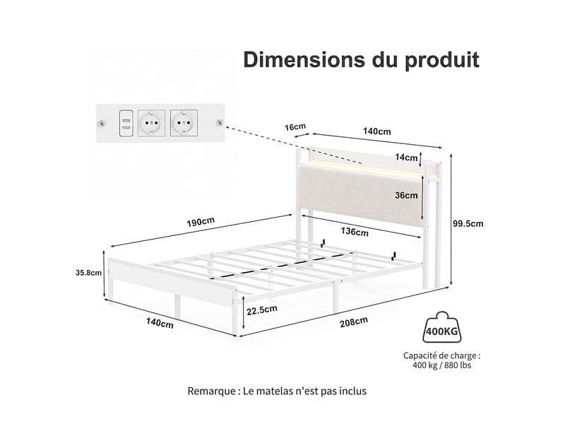  Lit capitonné 140x190 blanc avec éclairage led et ports usb - cadre en acier robuste 400 kg  - Conforama C