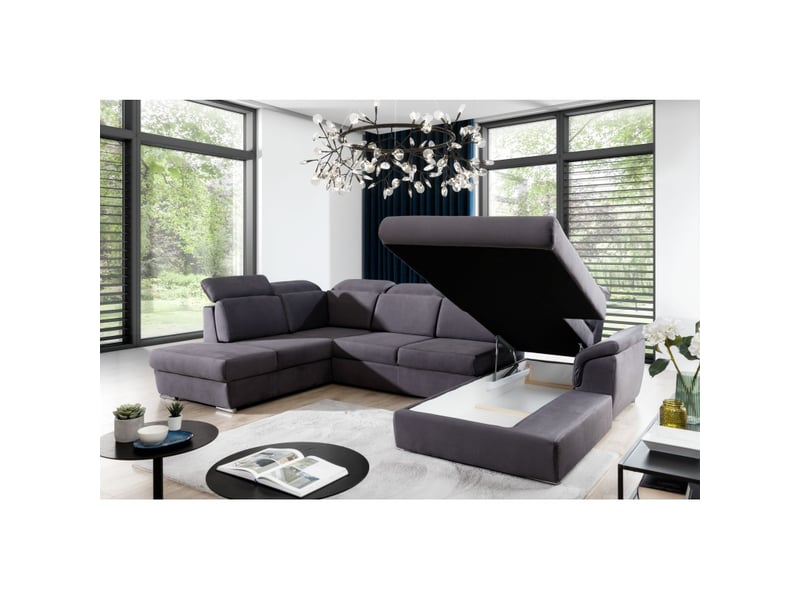 Canapé panoramique convertible majesta 5 places gris – angle droit avec coffre – version 2 - Conforama B
