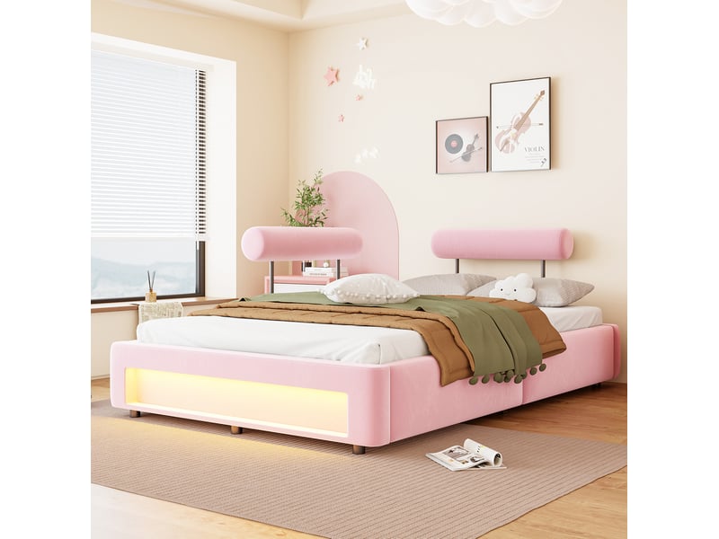  Lit capitonné 140x200 cm à 2 dossiers réglables et éclairage led, velours rose  - Conforama C