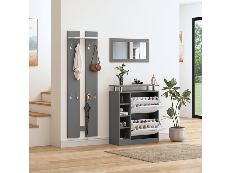  Ensemble meuble d'entrée avec miroir, meuble à chaussures 12 paires et porte-manteaux mural avec 8 crochets, gris et blanc  - Conforama D
