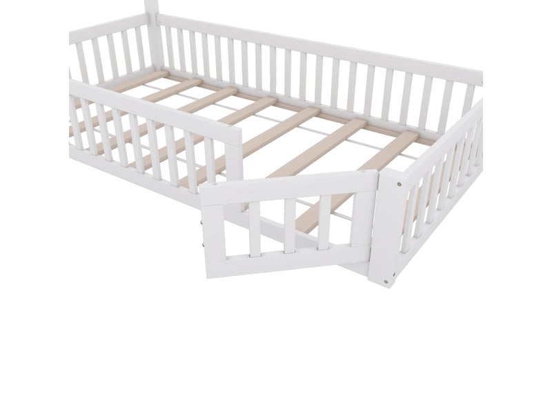 Lit enfant 90x200cm, lit maison avec sommier, pin blanc, style minimaliste, sans matelas - Conforama R