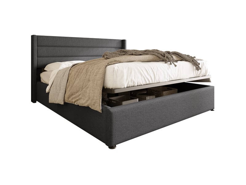  Lit coffre hydraulique 140x200 cm avec matelas, sommier à lattes en bois, lin gris  - Conforama A