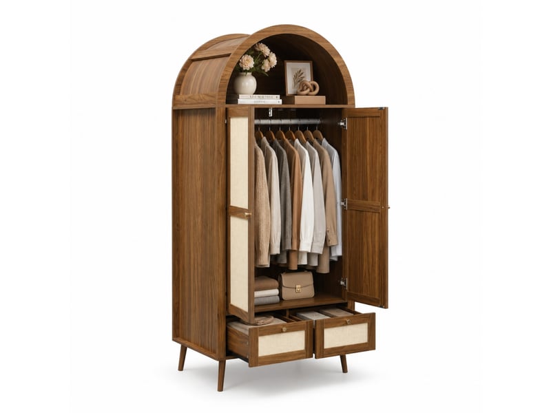  Armoire 2 portes 2 tiroirs avec penderie et niche ouverte, décor noyer et rotin beige pour chambre 80 × 55 × 180 cm  - Conforama A