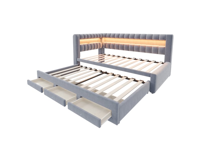  Lit banquette 90x190 cm avec lit gigogne, rangements, led et usb, velours gris foncé, sans matelas  - Conforama R