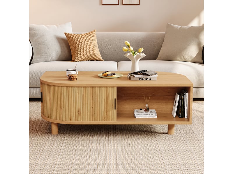  Table basse 100x50x35 cm avec 2 portes à rideau et rangements, table de salon aux angles arrondis avec pieds en bois, mdf, charge 30 kg, bois clair Seren Glow - Conforama D