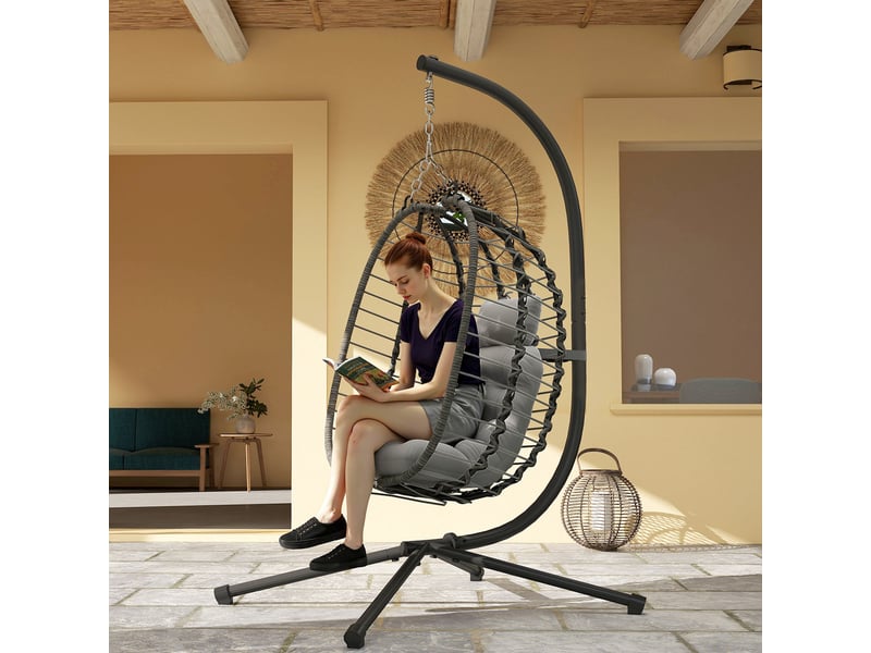 Fauteuil suspendu pliable en résine tressée avec support, coussin et oreiller hauteur réglable, gris - Conforama D