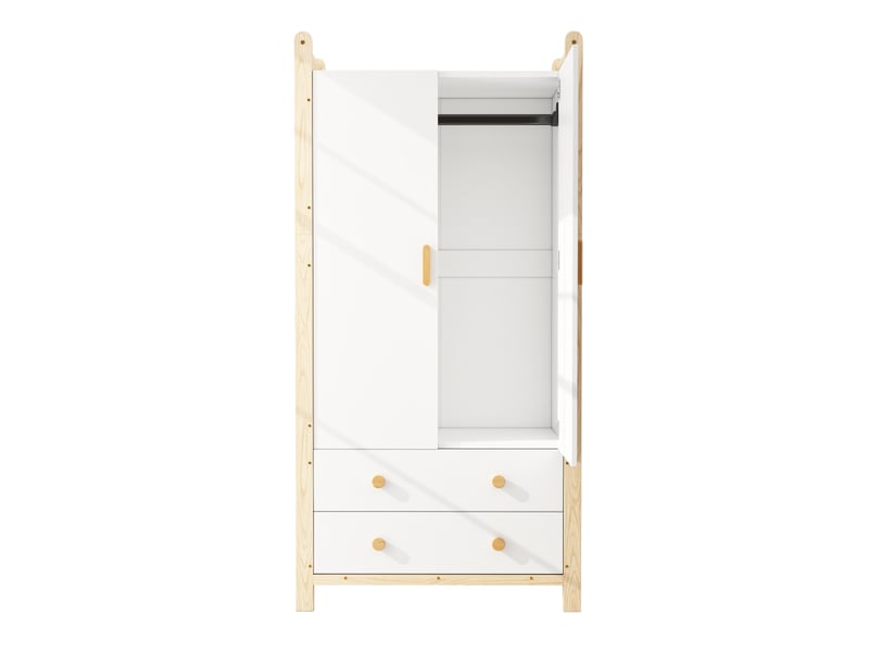  Armoire 2 portes avec penderie et 2 tiroirs, idéale pour une chambre, un salon ou une entrée. Fabriquée en panneaux de particules, structure blanche et cadre en pin. Dimensions : 90 × 45 × 180 cm.  - Conforama D