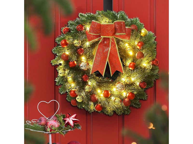 Couronne de noël lumineuse 50 cm, guirlande pré-éclairée à led avec boules de noël, décoration de porte - Conforama E
