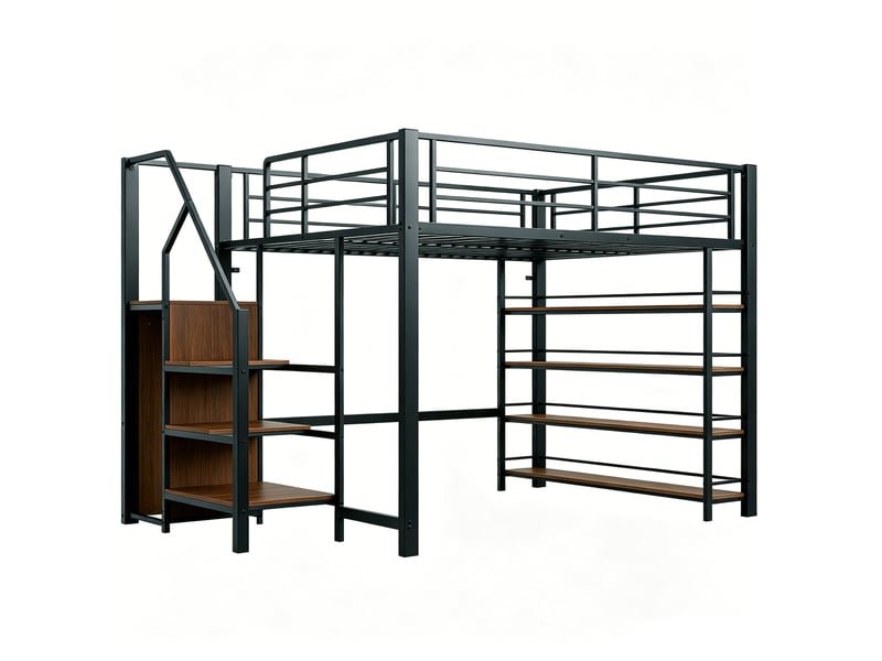 Lit mezzanine 140x200 cm en métal avec escalier de rangement et étagères, noir - Conforama A