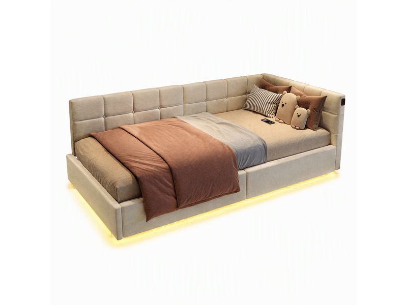  Lit banquette 90x200 cm avec led rgb et usb chargeur, lit jeune avec rangement et tête de lit rembourrée lit simple pour ado avec cadre de lit à lattes beige velours, sans matelas  - Conforama A