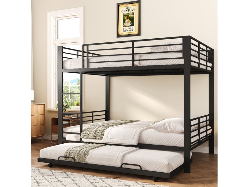  Lit superposé 140 × 200 cm 3 places avec lit gigogne, barrière de sécurité et échelle, sans matelas, métal noir  - Conforama B