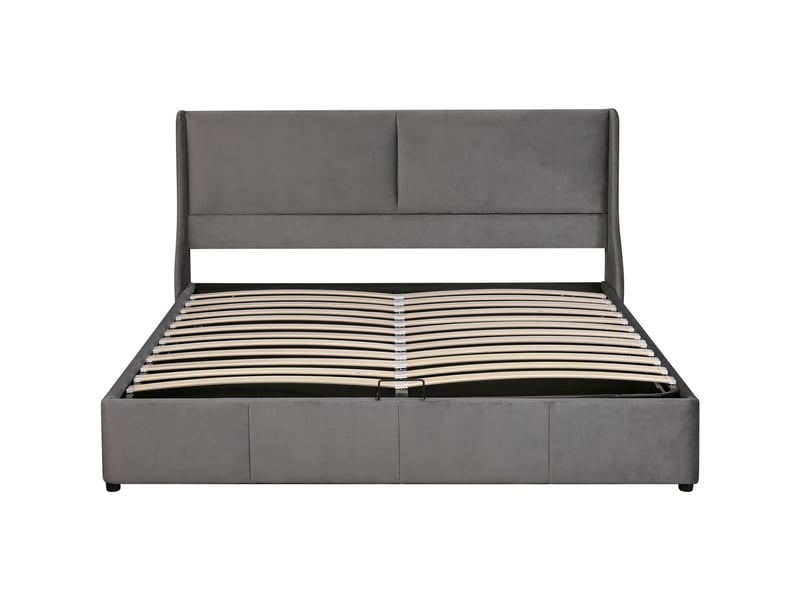  Lit rembourré, tête de lit en forme d'oreille avec coussin, lit double, lit fonctionnel hydraulique, 180 x 200, gris  - Conforama E