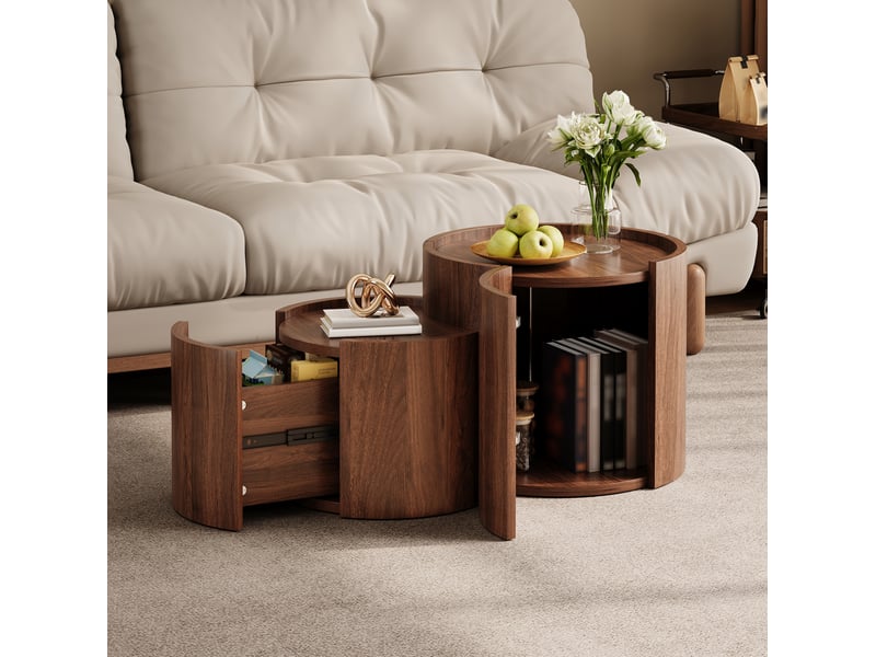  Table basse ronde 77,5 x 47,5 x 40 cm – noyer – rangement intégré, tiroirs et design arrondi  - Conforama E