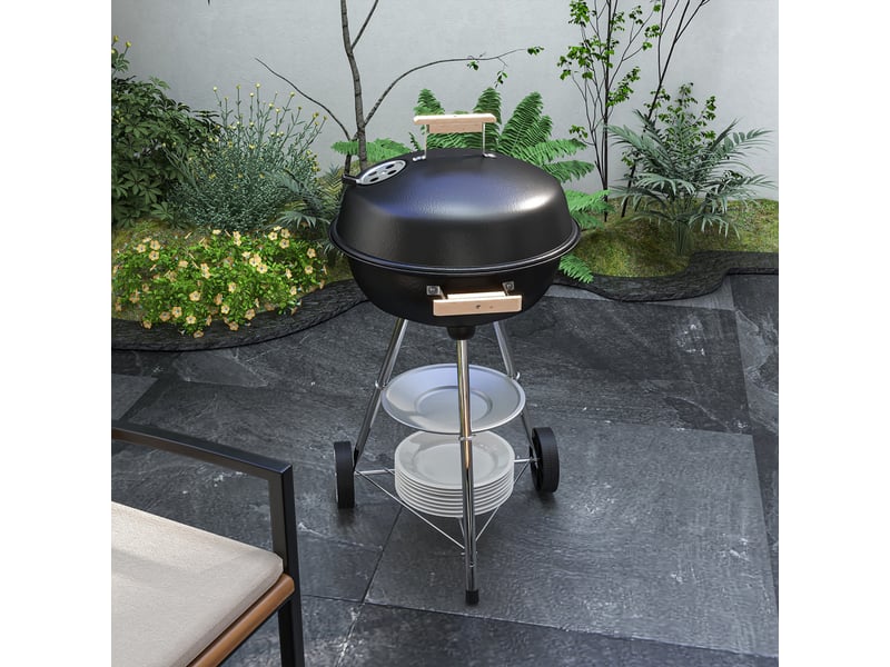  Barbecue au charbon avec grille en acier, couvercle, bouches d'aération et roues – noir  - Conforama C