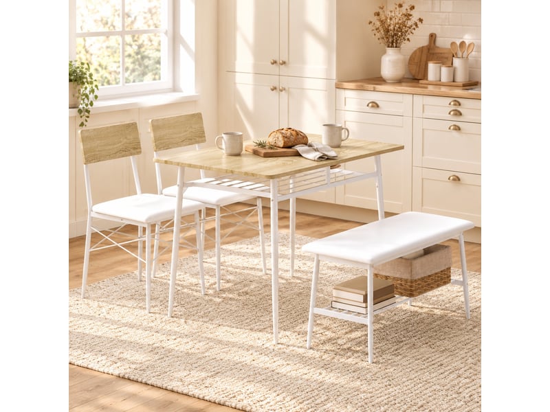  Ensemble table et chaises avec 1 table, 2 chaises et 1 banc  - rangements - acier, mdf et similicuir - chêne  - Conforama C