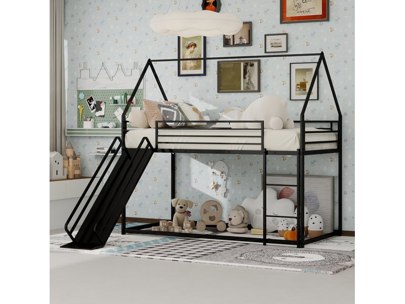  Lit superposé enfants 90x190cm maison avec toboggan garde-corps solide métal 1 sommier noir sans matelas  - Conforama W