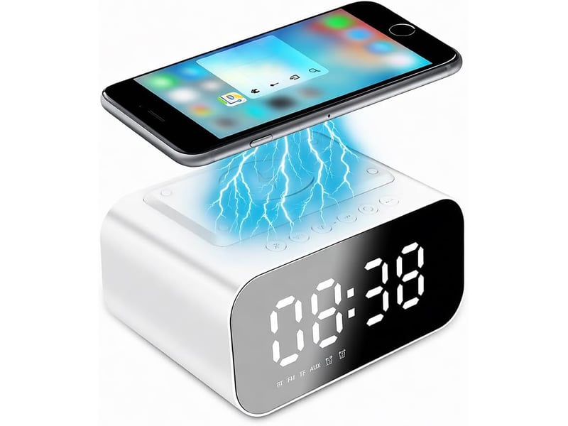  Réveil numérique intelligent multifonctionnel 6 en 1 avec charge sans fil 15 w, bluetooth, radio fm, carte tf et entrée aux. Bt510 blanc  - Conforama A