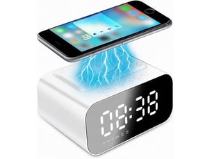 Réveil numérique intelligent multifonctionnel 6 en 1 avec charge sans fil 15 w, bluetooth, radio fm, carte tf et entrée aux. Bt510 blanc