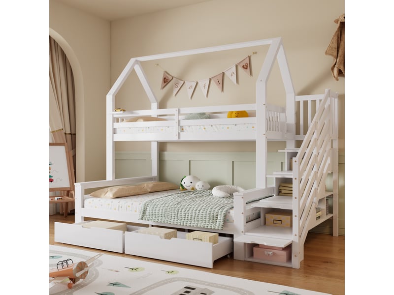  Lit superposé enfant 90x200 cm et 140x200 cm, lit cabane avec escalier de rangement et 2 tiroirs de lit, bois de pino et mdf, blanc  - Conforama B