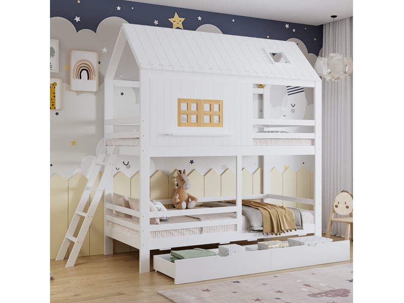  Modenvie lit superposé enfant 90x200 cm - avec toit, fenêtres et 2 tiroirs, sans matelas - blanc  - Conforama B