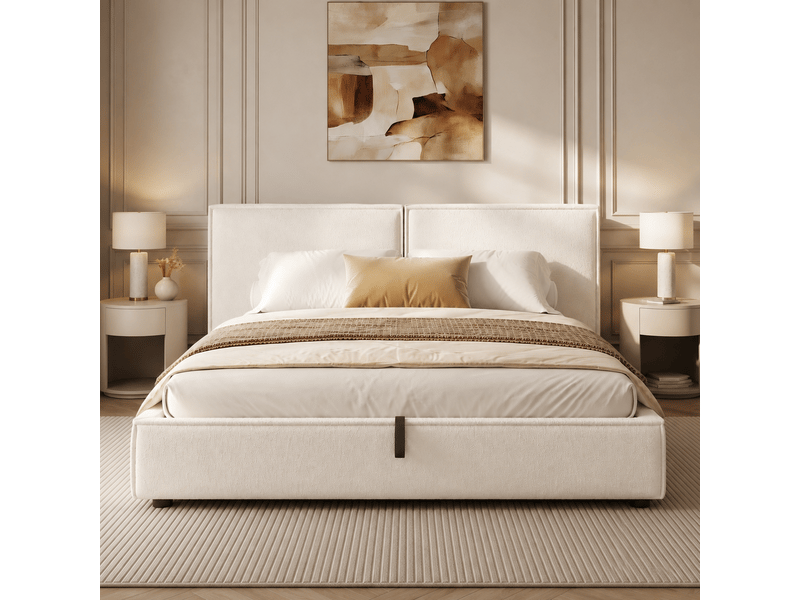  Lit coffre 180x200 cm blanc, tissu bouclé, sommier relevable hydraulique, tête de lit rembourrée 12 cm, sommier à lattes inclus  - Conforama W