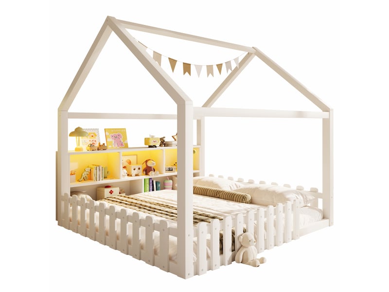  Lit cabane enfant en pin 140x190 cm avec garde-corps, rangements ouverts intégrés et éclairage led, structure mdf, style minimaliste, blanc  - Conforama A
