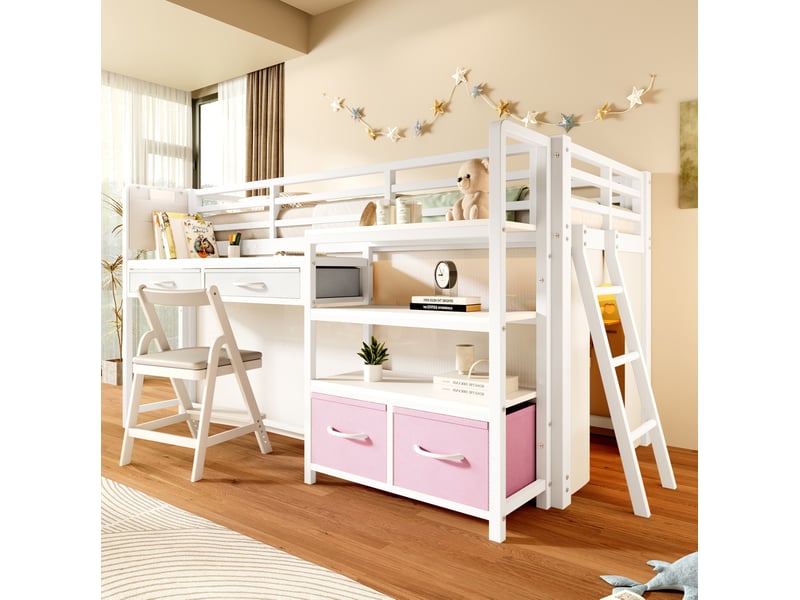  Lit mezzanine enfant 90x200 cm blanc avec bureau, rangements et éclairage led  - Conforama B